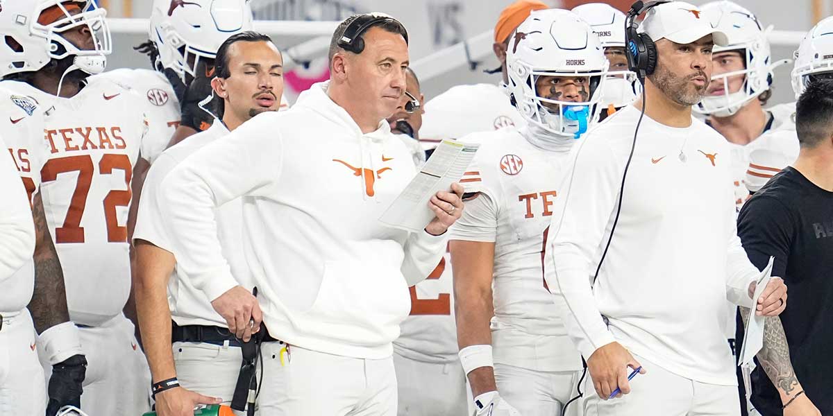 Texas Longhorns head coach Steve Sarkisian watches from the sideline during the first half of the Cotton Bowl Classic College Football Playoff semifinal game against the Ohio State Buckeyes at AT&T Stadium in Arlington, Texas on Jan. 10, 2025.