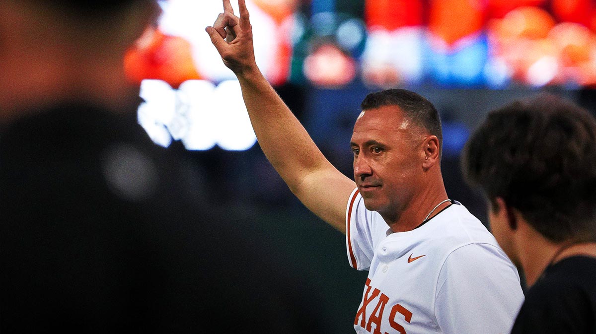 Texas Longhorns head football coach Steve Sarkisian takes the field for the first pitch ahead of the Lone Star Showdown against Texas A&M at UFCU Disch-Falk Field on Friday, April 25, 2025.