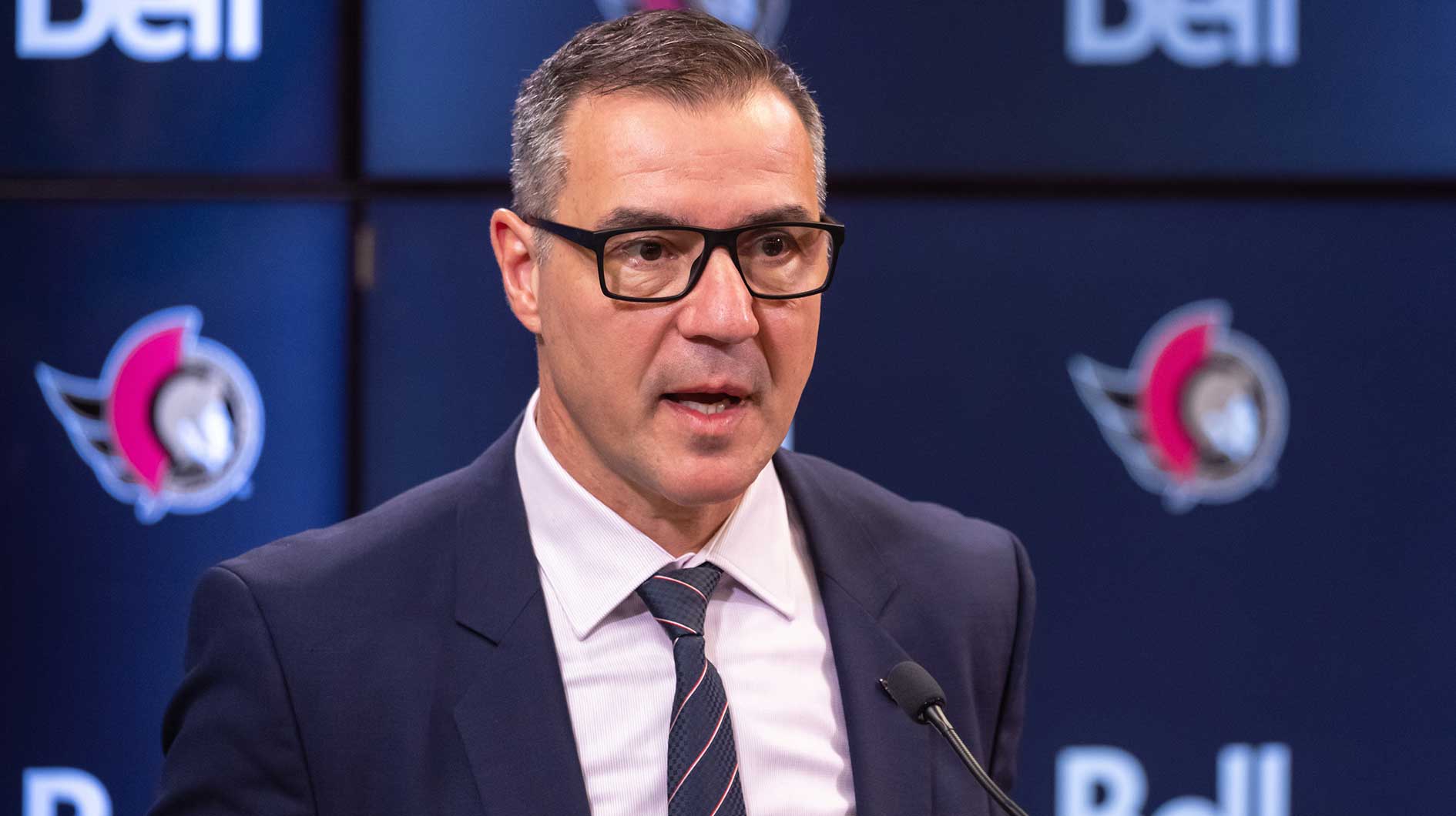 President of Hockey Operations and General Manager Steve Staios speaks to the media pprior to match between the Dallas Stars and the Ottawa Senators at the Canadian Tire Centre.