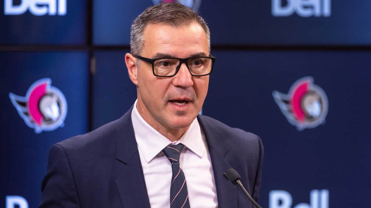 President of Hockey Operations and General Manager Steve Staios speaks to the media pprior to match between the Dallas Stars and the Ottawa Senators at the Canadian Tire Centre.