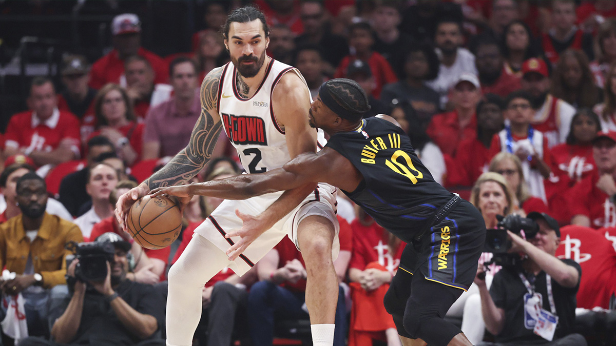 Golden State Warriors forward Jimmy Butler III (10) defends against Houston Rockets center Steven Adams (12) during game seven of first round for the 2025 NBA Playoffs at Toyota Center