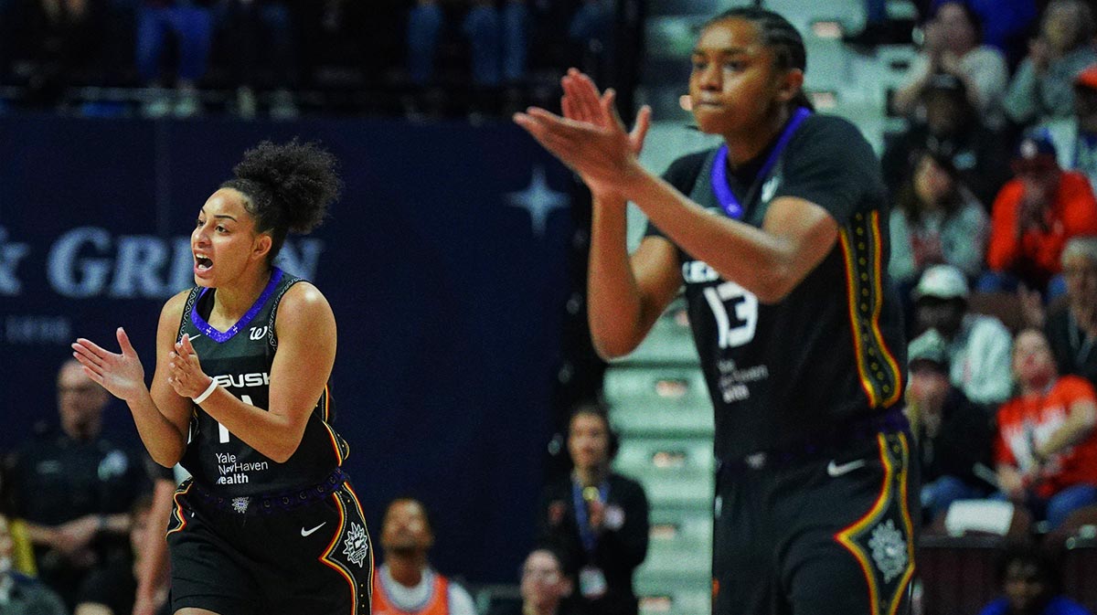 Connecticut Sun guard Bria Hartley (14) reacts after a play against the Las Vegas Aces in the first half at Mohegan Sun Arena.