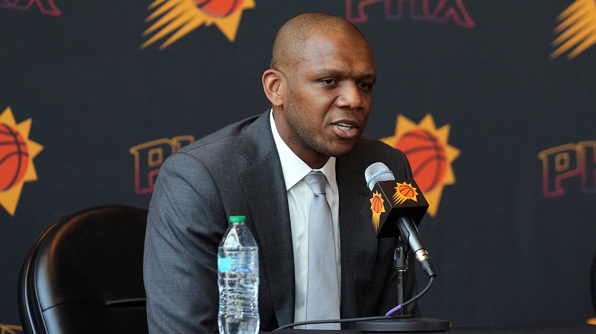 Phoenix Suns General Manager James Jones speaks during a press conference to announce Mike Budenholzer as head coach.