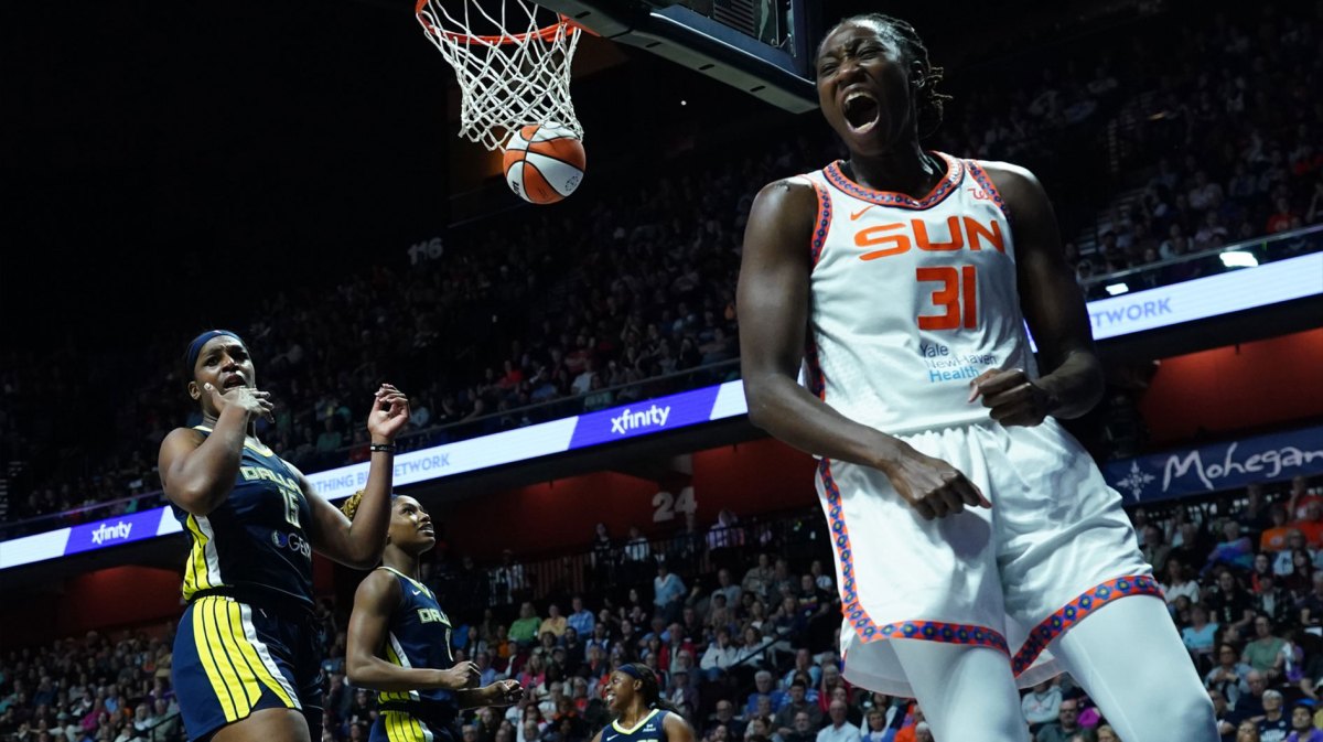 Connecticut Sun center Tina Charles reacts after her packet and one against Dallas Wings center Teaira McCowan in the second half at Mohegan Sun Arena.