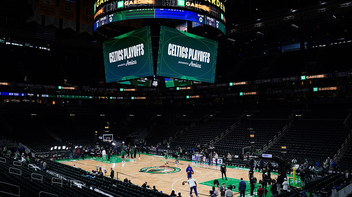 A view of the court before the start of game two of the second round for the 2025 NBA Playoffs against the Boston Celtics and New York Knicks at TD Garden.