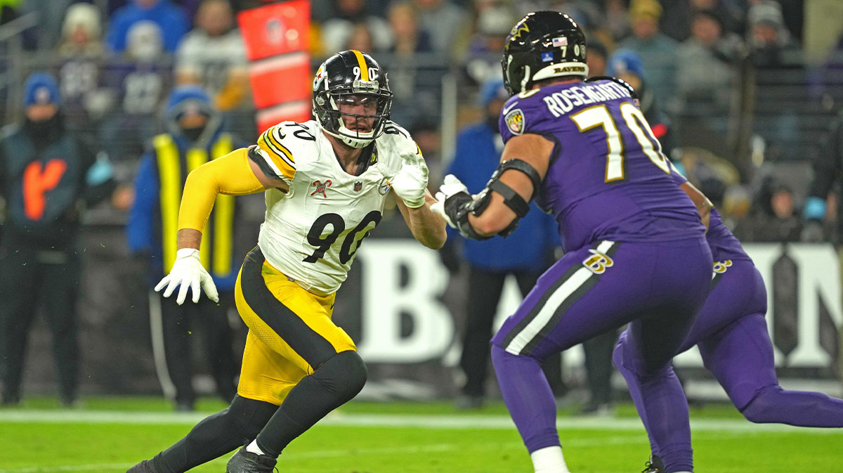 Pittsburgh Steelers linebacker T.J. Watt (90) rushes in the second quarter against Baltimore Ravens tackle Roger Rosengarten (70) at M&T Bank Stadium.