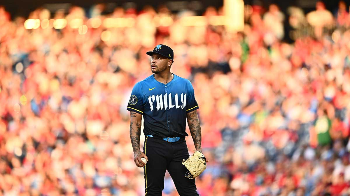 Jun 21, 2024; Philadelphia, Pennsylvania, USA; Philadelphia Phillies starting pitcher Taijuan Walker (99) looks on after allowing three runs against the Arizona Diamondbacks in the third inning at Citizens Bank Park. Mandatory Credit: Kyle Ross-Imagn Images