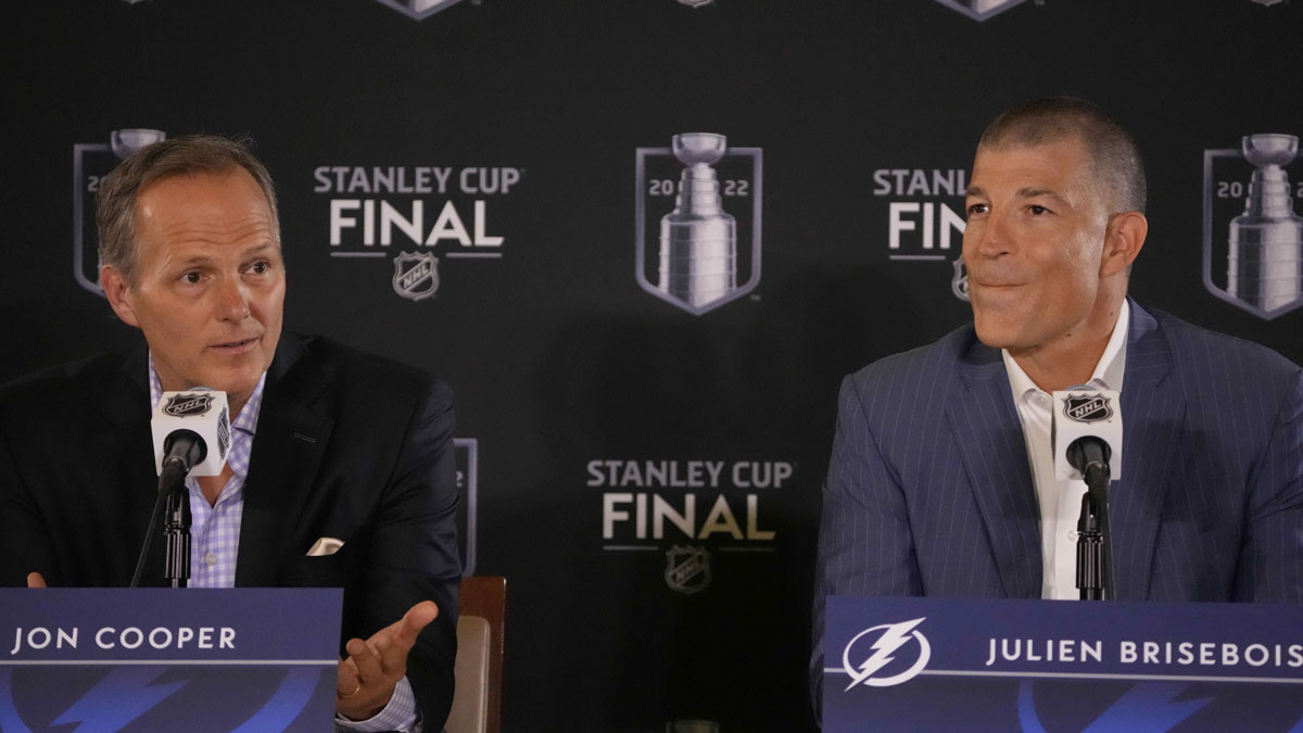 Tampa Bay Lightning head coach Jon Cooper and general manager Julien Brisebois speaks during media day for the 2022 Stanley Cup Final at Ball Arena.