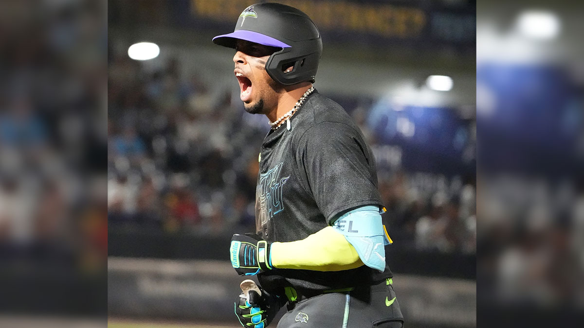 Tampa Bay Rays outfielder Christopher Morel (24) reacts after hitting a single against the Milwaukee Brewers during the eighth inning at George M. Steinbrenner Field.