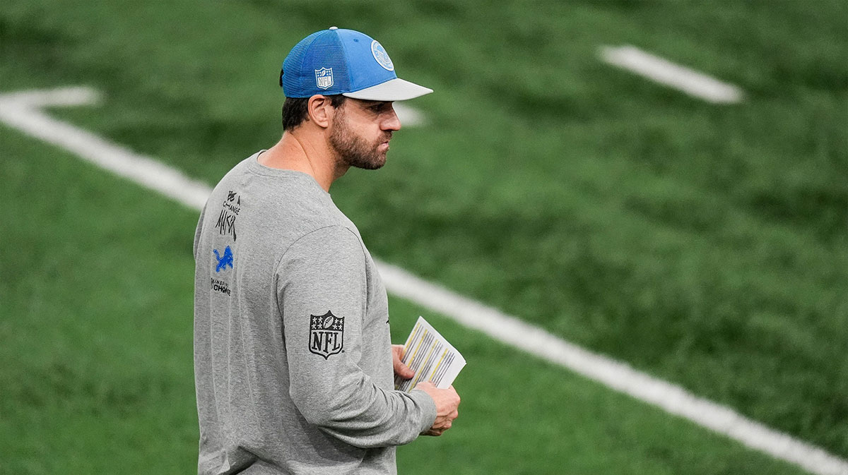 Detroit Lions pass game coordinator Tanner Engstrand watches practice at Meijer Performance Center in Allen Park on Friday, Jan. 3, 2025.