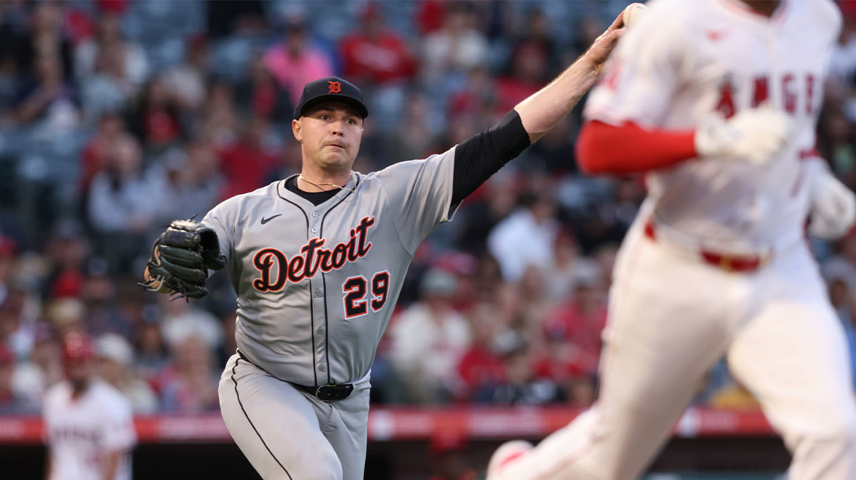 Detroit Tigers pitcher Tarik Skubal (29) throws out Los Angeles Angels shortstop Tim Anderson (77) during the 3rd inning at Angel Stadium.