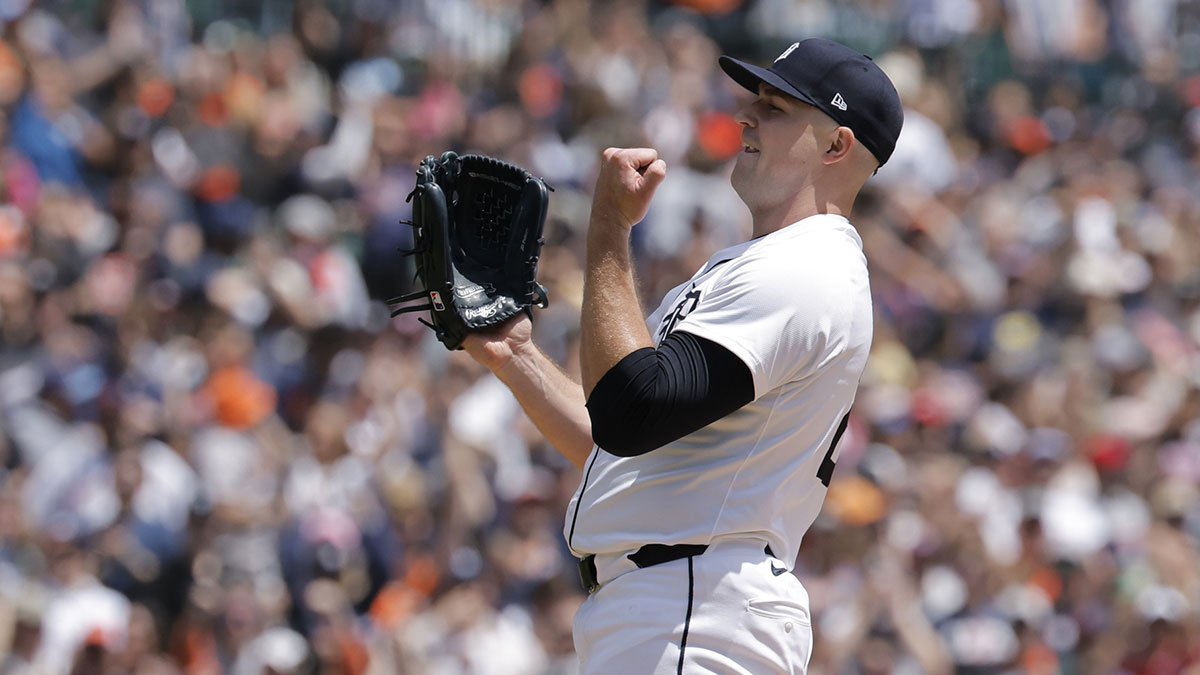 Detroit Tigers pitcher Tarik Skubal (29) celebrate after defeating the Cleveland Guardians at Comerica Park.