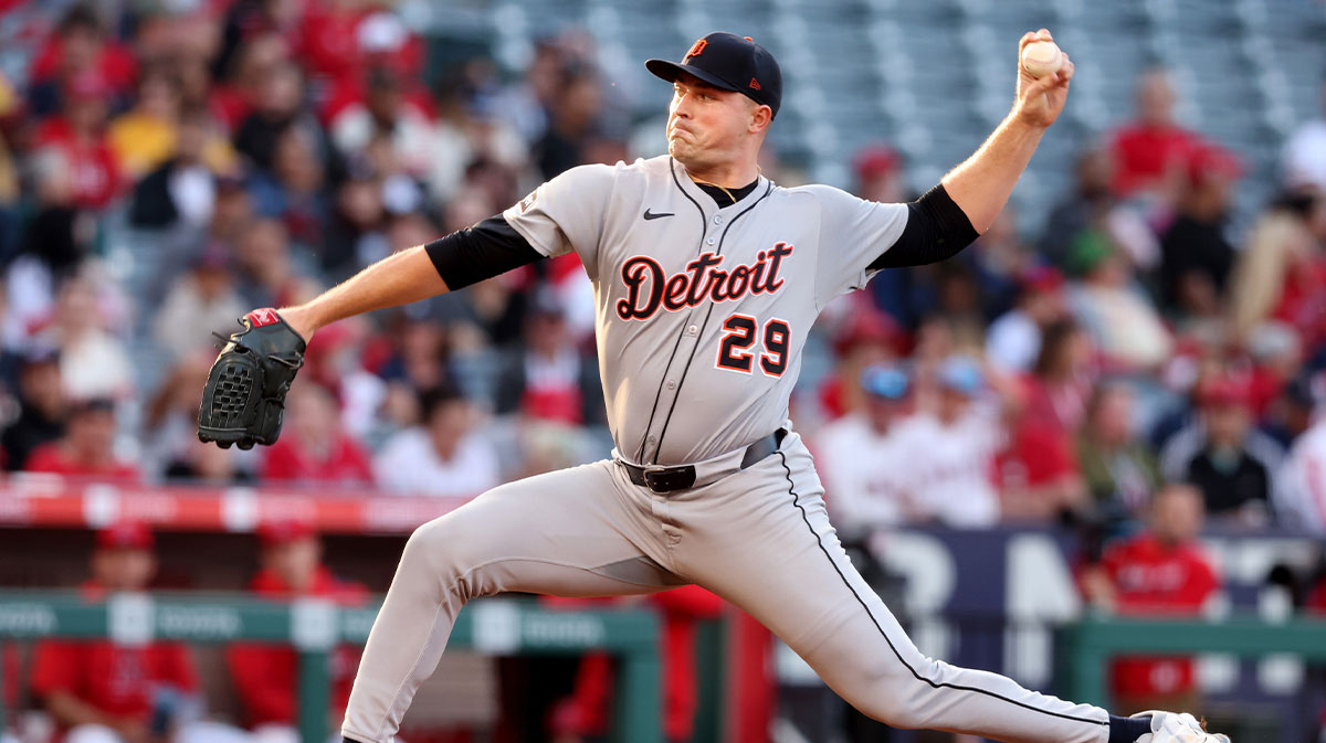 Detroit Tigers pitcher Tarik Skubal (29) throws during the 1st inning against the Los Angeles Angels at Angel Stadium.