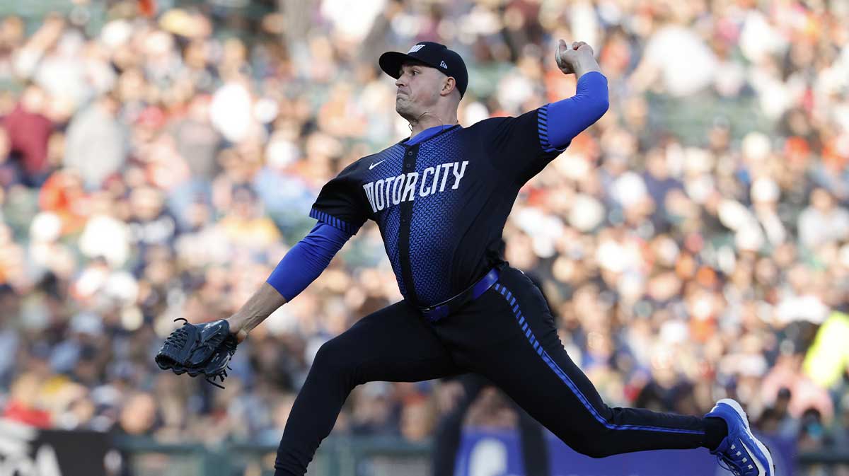 Detroit Tigers starting pitcher Tarik Skubal (29) pitches in the third inning against the Texas Rangers at Comerica Park.