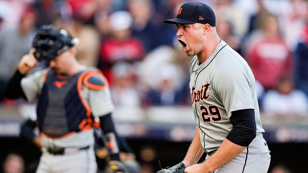 Detroit Tigers pitcher Tarik Skubal (29) reacts after pitching the fifth inning of Game 2 of ALDS against Cleveland Guardians at Progressive Field