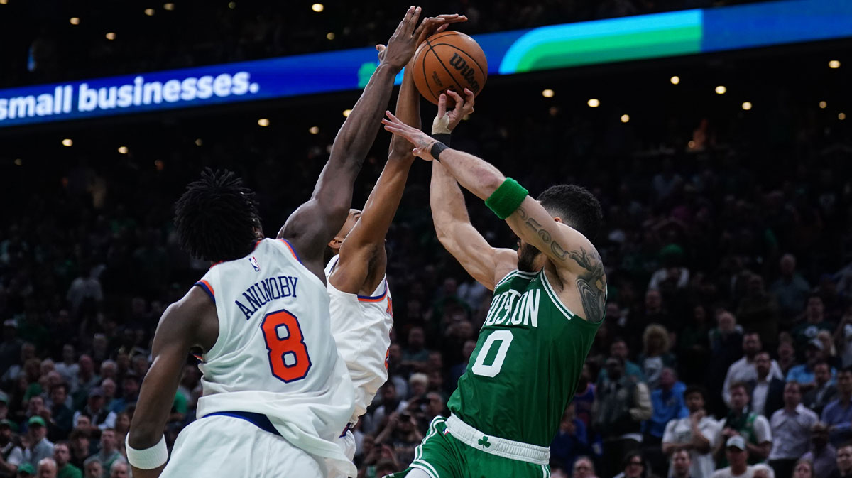 New York Knicks forward Mikal Bridges (25) defends against Boston Celtics forward Jayson Tatum (0) in the last seconds of the fourth quarter during game two of the second round for the 2025 NBA Playoffs at TD Garden.