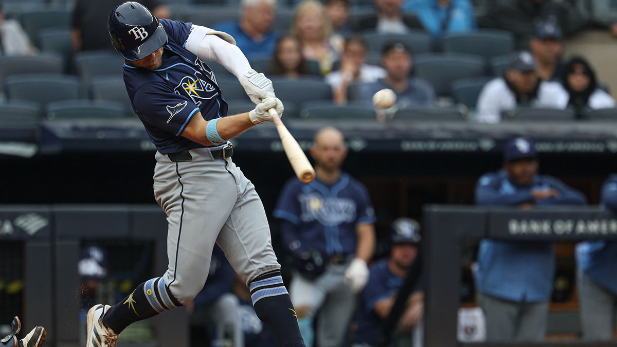Tampa Bay Rays shortstop Taylor Walls (6) doubles during the fifth inning against the New York Yankees at Yankee Stadium.