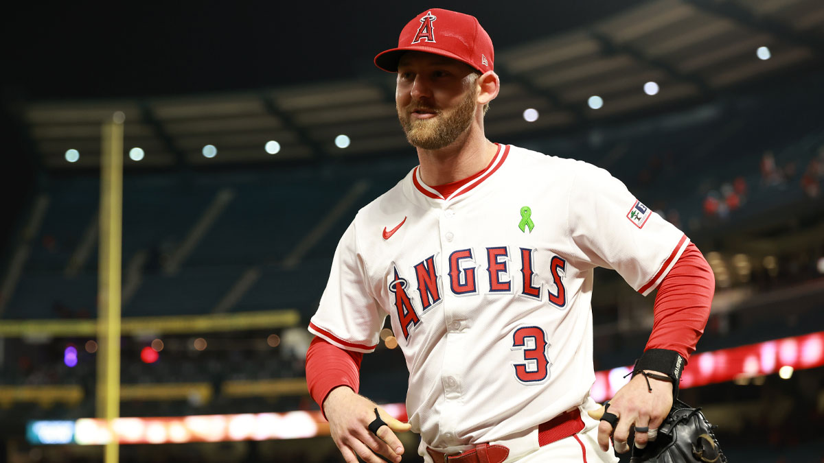 Los Angeles Angels left fielder Taylor Ward (3) leaves the field after defeating the Miami Marlins at Angel Stadium.