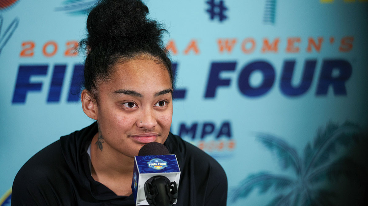 South Carolina Gamecocks guard Te-Hina Paopao (0) talks to media before practice at Amalie Arena.