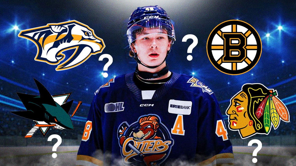 2025 NHL Draft prospect Matthew Schaefer with question marks around him.