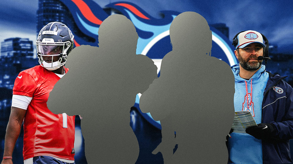 Two mystery players in the middle, Cam Ward and coach Brian Callahan around them, Tennessee Titans wallpaper in the background