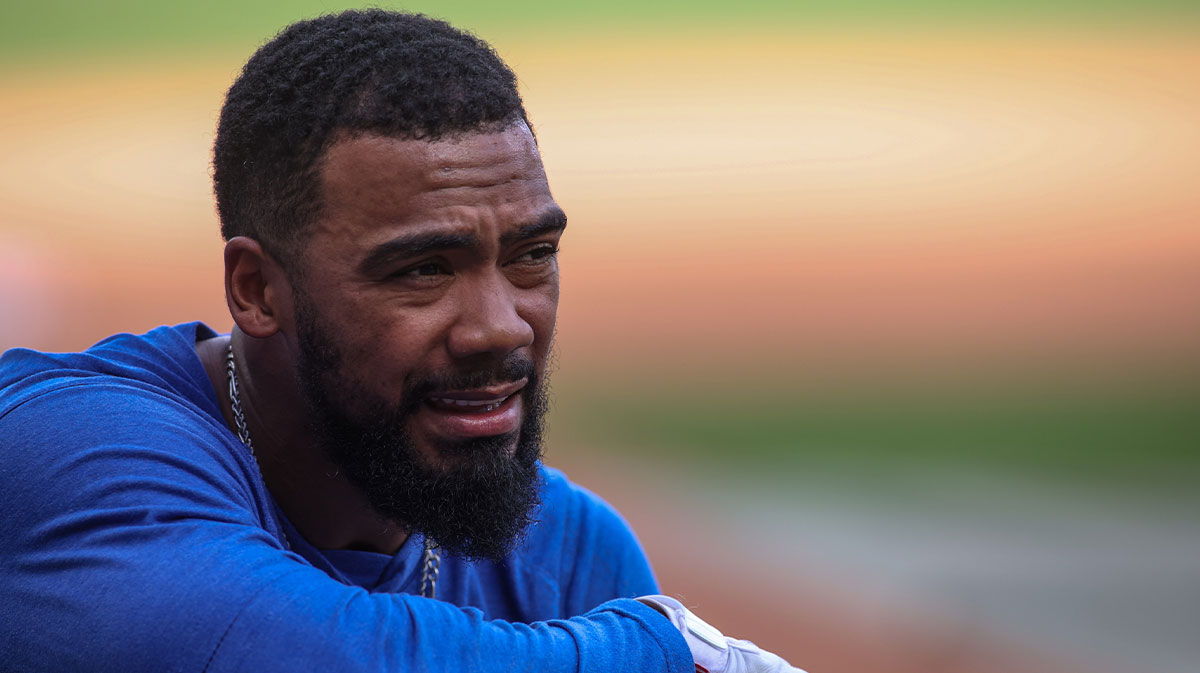 Los Angeles Dodgers right fielder Teoscar Hernandez (37) during batting practice before a game against the Atlanta Braves at Truist Park.