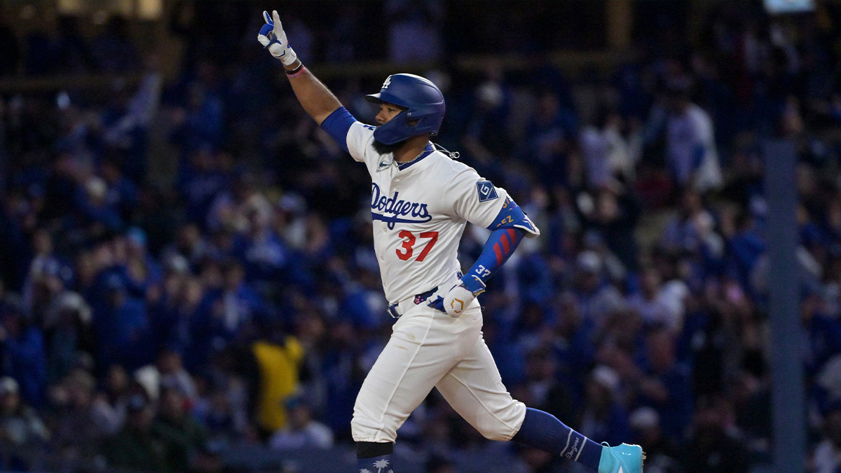 Mar 31, 2025; Los Angeles, California, USA; Los Angeles Dodgers outfielder Teoscar Hernandez (37) celebrates after hitting a home run during the first inning against the Atlanta Braves at Dodger Stadium. Mandatory Credit: Jayne Kamin-Oncea-Imagn Images
