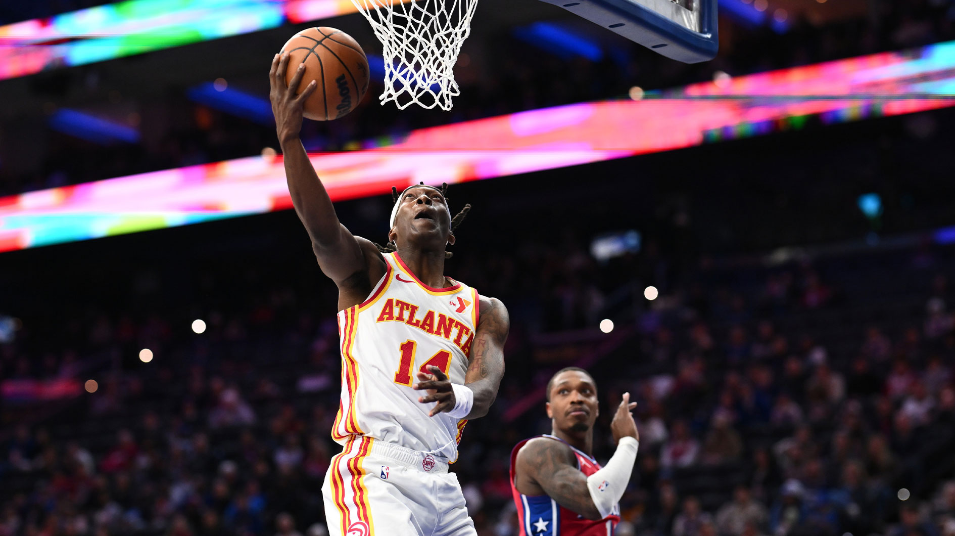 Atlanta Hawks guard Terance Mann (14) drives to shoot against the Philadelphia 76ers in the second quarter at Wells Fargo Center.