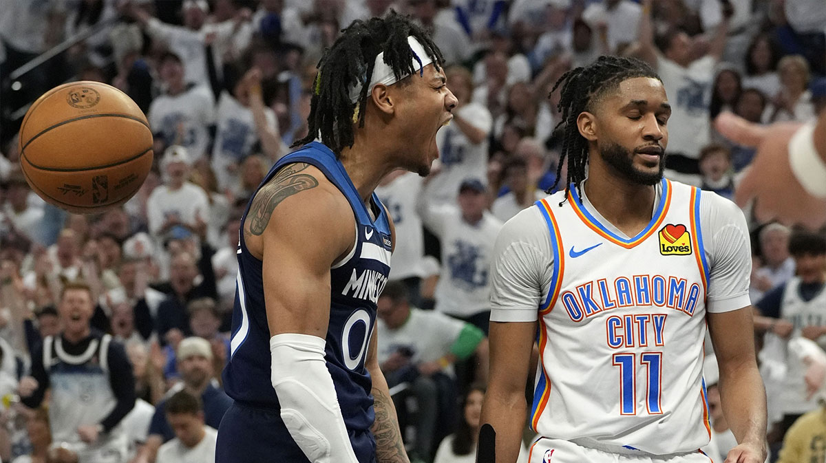Minnesota Timberwolves guard Terrence Shannon Jr. (00) reacts against the Oklahoma City Thunder during the second half in game three of the western conference finals for the 2025 NBA Playoffs at Target Center.
