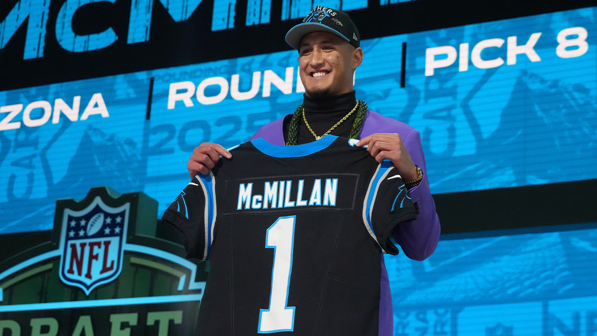 Arizona Wildcats wide receiver Tetairoa McMillan is selected by the Carolina Panthers as the number eight pick in the first round of the 2025 NFL Draft at Lambeau Field.