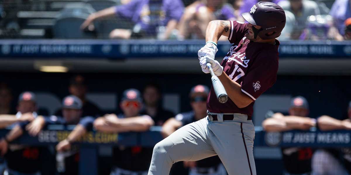Texas A&amp;M Aggies' Jace LaViolette (17) is hit in the hands by a pitch as Auburn Tigers take on Texas A&amp;M Aggies during the SEC baseball tournament at Hoover Met in Birmingham, Ala., on Thursday, May 22, 2025.