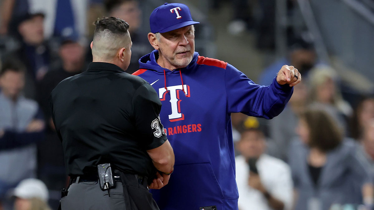 Texas Rangers manager Bruce Bochy (15) argues with home plate umpire Carlos Torres (37) after being ejected during the sixth inning against the New York Yankees at Yankee Stadium.