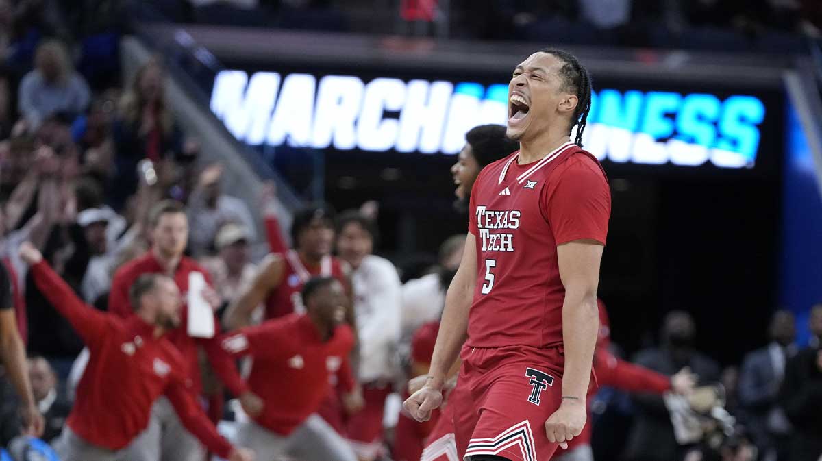 Texas Tech Red Raiders forward Darrion Williams (5) reacts during the second half against the Florida Gators during the West Regional final of the 2025 NCAA tournament at Chase Center.