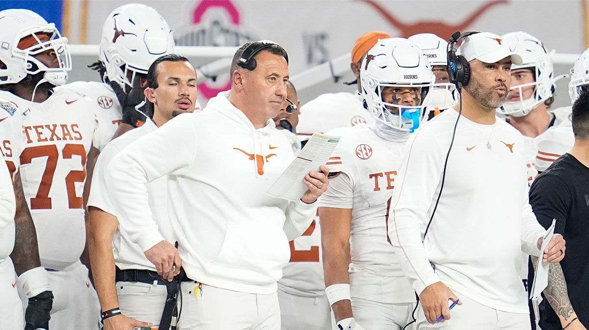 Texas Longhorns head coach Steve Sarkisian watches from the sideline during the first half of the Cotton Bowl Classic College Football Playoff semifinal game against the Ohio State Buckeyes at AT&T Stadium in Arlington, Texas on Jan. 10, 2025.