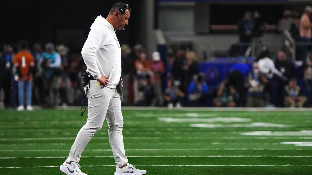 Texas Longhorns head coach Steve Sarkisian walks the field during the College Football Playoff semifinal game against Ohio State in the Cotton Bowl.