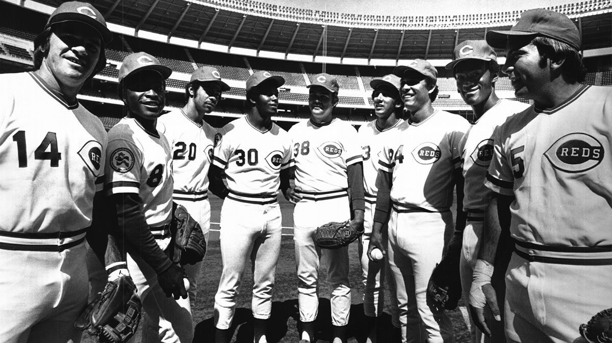 The Reds' Great Eight won nearly 80 percent of their games over the 1975-76 seasons along the way to winning back-to-back World Series. From left, Pete Ross, Joe Morgan, Cesar Geronimo, Ken Griffey, Gary Nolan, Dave Concepcion, Tony Perez, George Foster and Johnny Bench.
