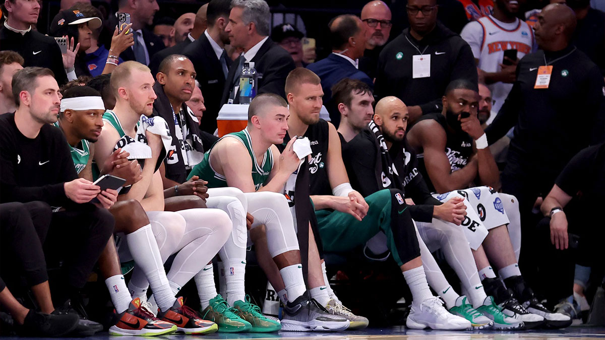 Boston Celtics players watch from the bench during the end of the fourth quarter of game six in the second round of the 2025 NBA Playoffs against the New York Knicks at Madison Square Garden.
