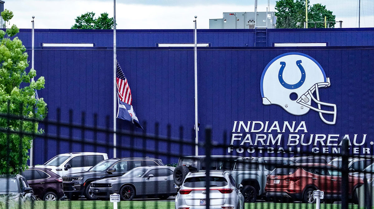 Flags fly at half staff at the Indiana Farm Bureau Football Center on Thursday, May 22, 2025, in Indianapolis. Indianapolis Colts owner Jim Irsay died on May 21 at 65-years-old.