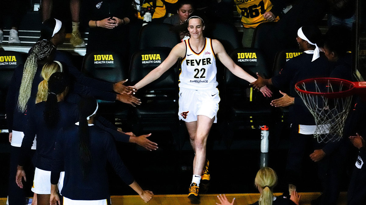 Indiana Fever guard Caitlin Clark (22) is announced ahead of a WNBA preseason game against the Brazil National Team May 4, 2025 at Carver-Hawkeye Arena in Iowa City, Iowa.