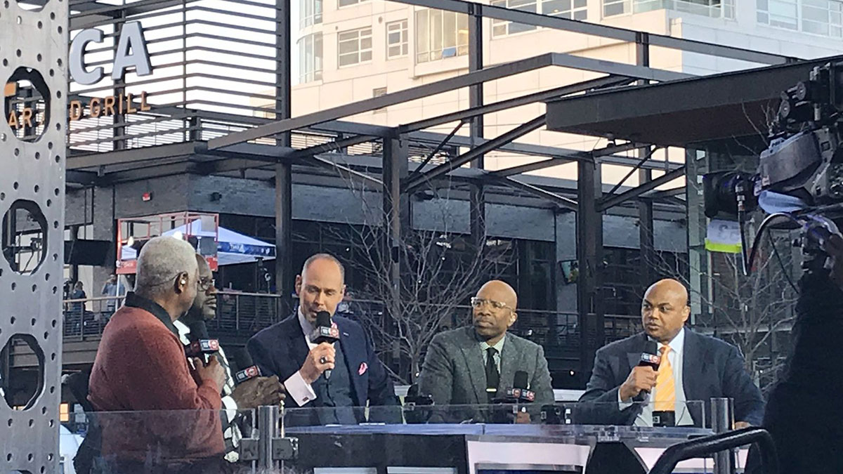 Former Bucks great Oscar Robertson, left, is interviewed on the TNT pregame show Wednesday by, starting with second from left, Shaquille O'Neal, Ernie Johnson, Kenny Smith and Charles Barkley.