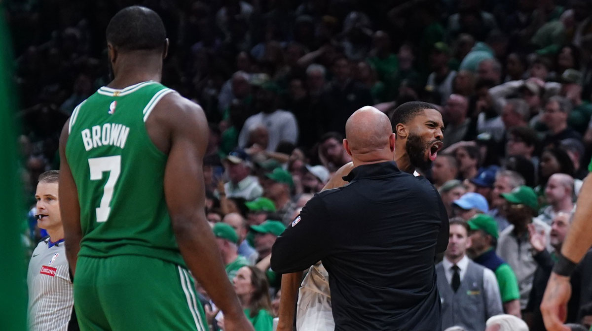 New York Knicks forward Mikal Bridges (25) reacts after defeating the Boston Celtics in game two of the second round for the 2025 NBA Playoffs at TD Garden.
