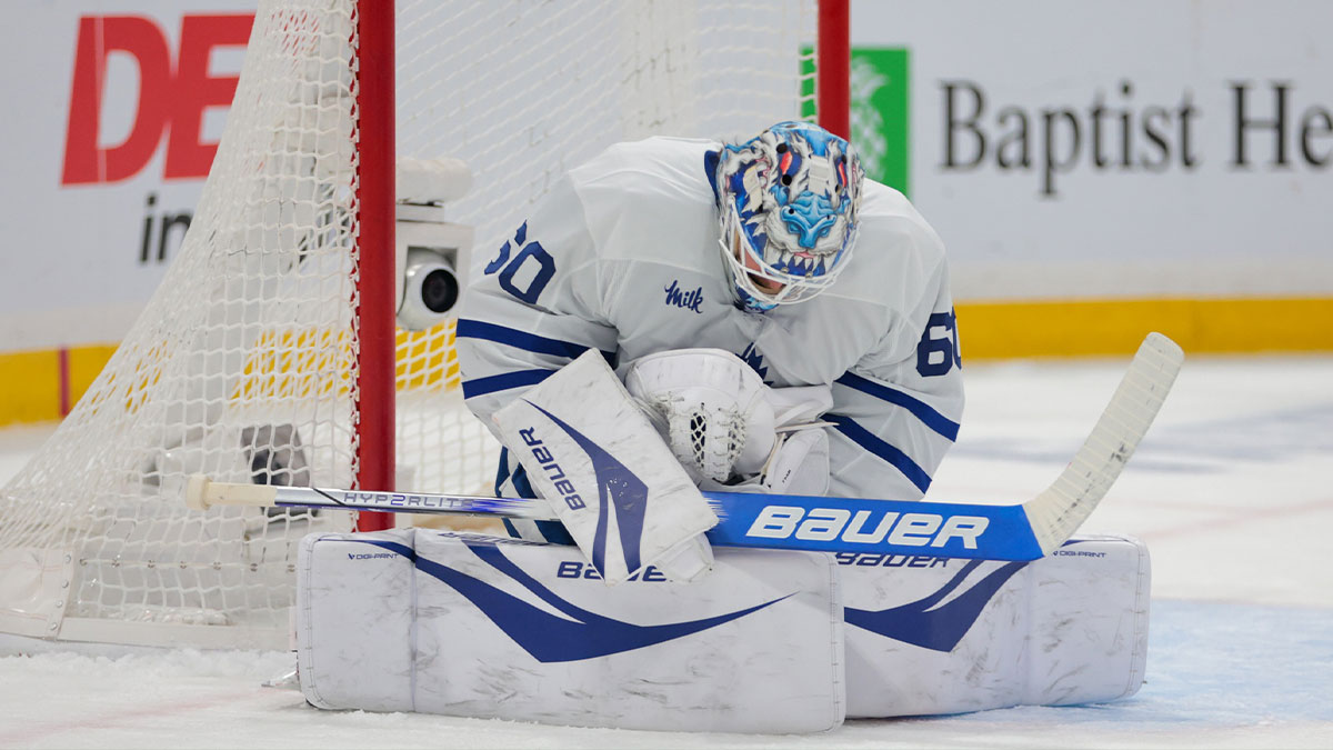 Maple Leafs goaltender Joseph Woll (60) makes a save against the Florida Panthers during the second period in game six of the second round of the 2025 Stanley Cup Playoffs at Amerant Bank Arena.