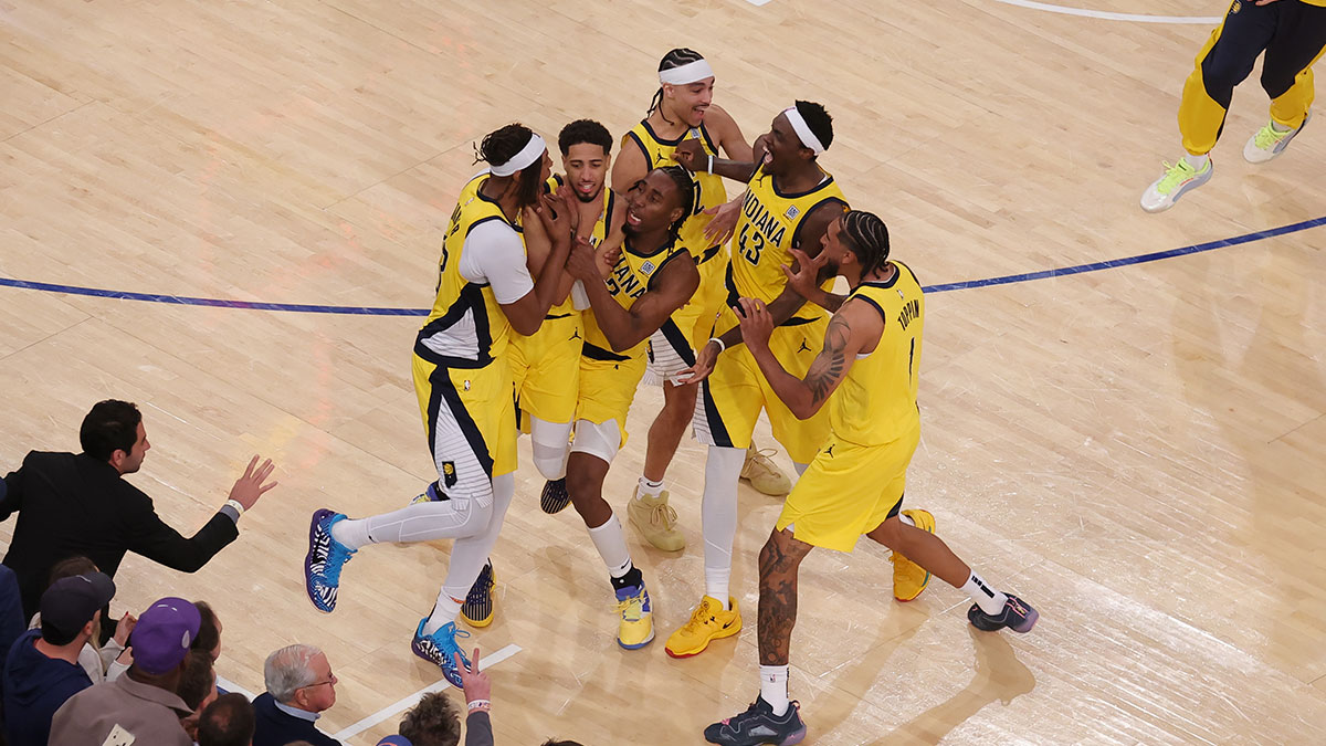 The Pacers celebrating Tyrese Haliburton's buzzer beater against the Knicks in Game 1, which WWE Superstar Grayson Waller trolled New York for.