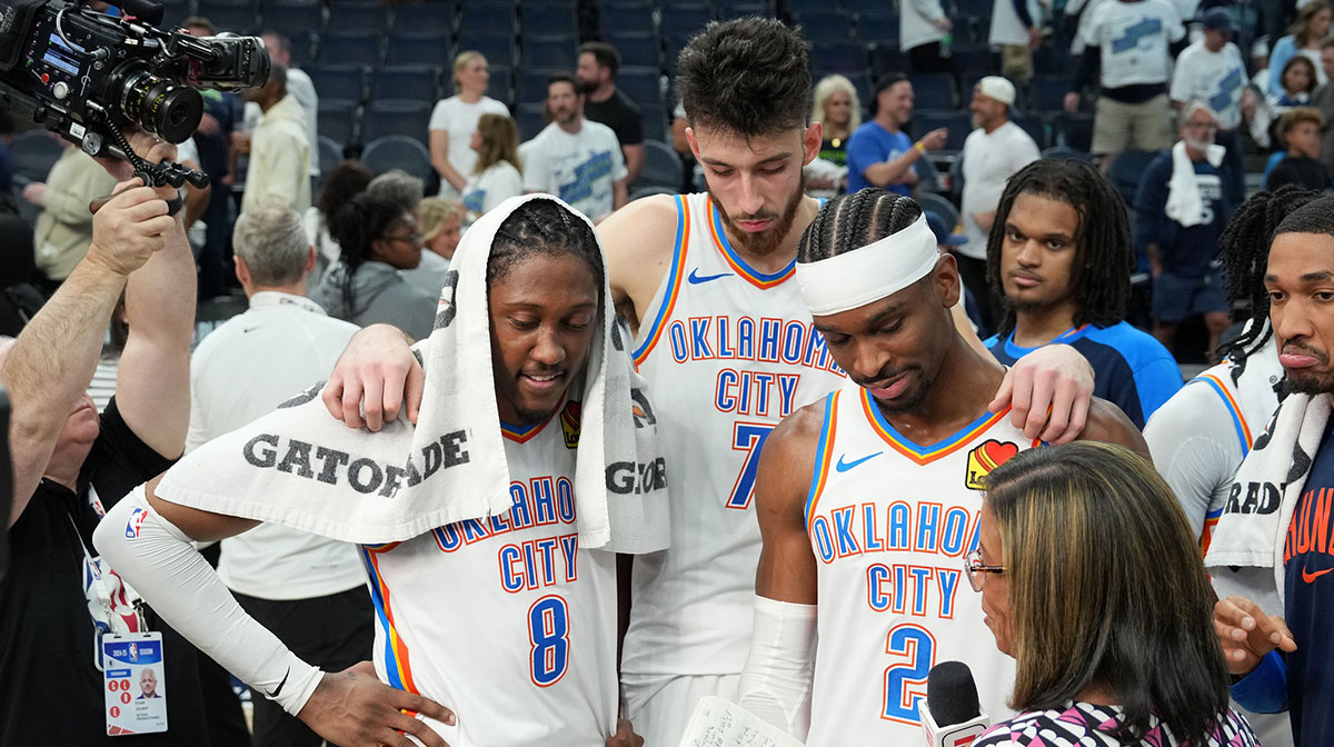 Oklahoma City Thunder forward Jalen Williams (8), forward Chet Holmgren (7) and guard Shai Gilgeous-Alexander (2) talk to the media after defeating the Minnesota Timberwolves in game four of the western conference finals for the 2025 NBA Playoffs at Target Center.