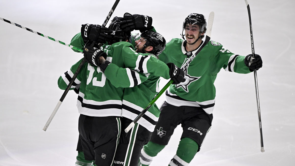 Dallas Stars defenseman Thomas Harley (55) and center Tyler Seguin (91) and left wing Mason Marchment (27) celebrates the game winning goal scored by Harley against the Winnipeg Jets during the overtime period in game six of the second round of the 2025 Stanley Cup Playoffs at American Airlines Center.