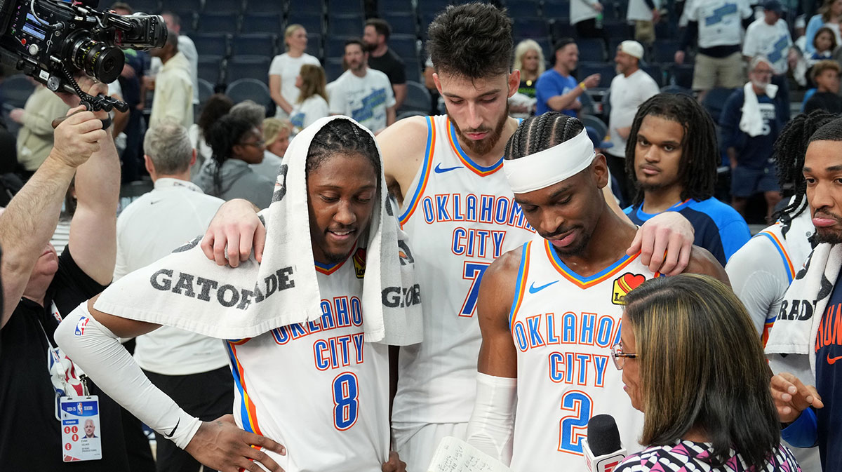 Thunder forward Jalen Williams (8), forward Chet Holmgren (7) and guard Shai Gilgeous-Alexander (2) talk to the media after defeating the Minnesota Timberwolves in game four of the western conference finals for the 2025 NBA Playoffs at Target Center