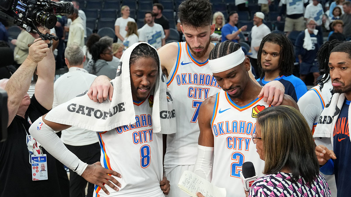 Thunder forward Jalen Williams (8), forward Chet Holmgren (7) and guard Shai Gilgeous-Alexander (2) talk to the media after defeating the Minnesota Timberwolves in game four of the western conference finals for the 2025 NBA Playoffs at Target Center