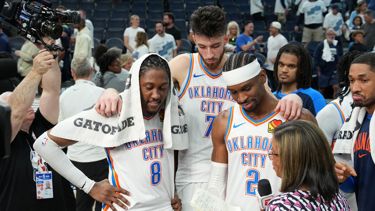 Thunder forward Jalen Williams (8), forward Chet Holmgren (7) and guard Shai Gilgeous-Alexander (2) talk to the media after defeating the Minnesota Timberwolves in game four of the western conference finals for the 2025 NBA Playoffs at Target Center