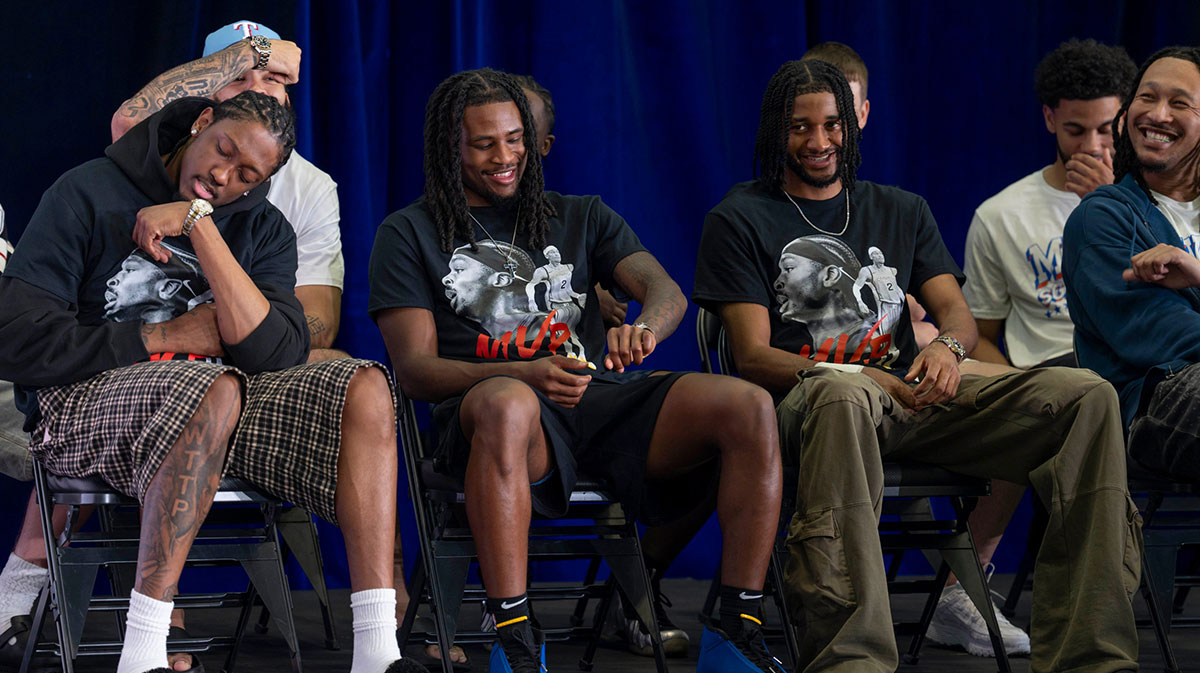 Thunder's Jalen Williams, Cason Wallace , Isaiah Joe, and Jaylin Williams show off their watches given to them by Shai Gilgeous-Alexander during a press conference in Oklahoma City after Gilgeous-Alexander won the 2025 NBA MVP award