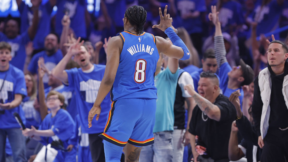 Thunder forward Jalen Williams (8) gestures to fans after scoring a three point basket against the Denver Nuggets in the second quarter during game seven of the second round for the 2025 NBA Playoffs at Paycom Center
